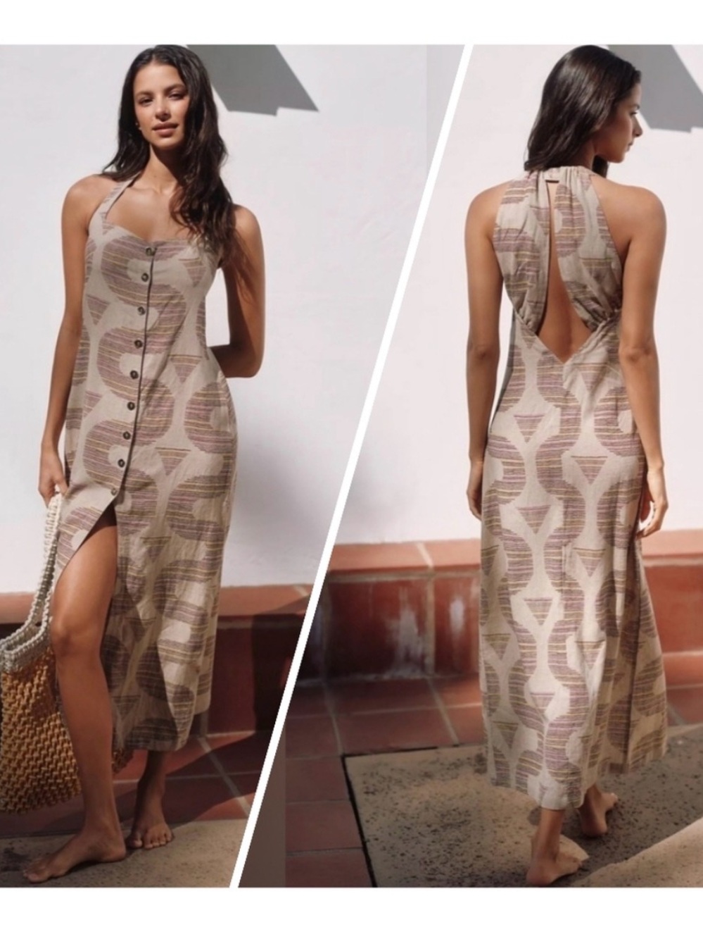 Anthropologie Celandine Sleeveless Button-Front Maxi Dress in Beige Geo Print